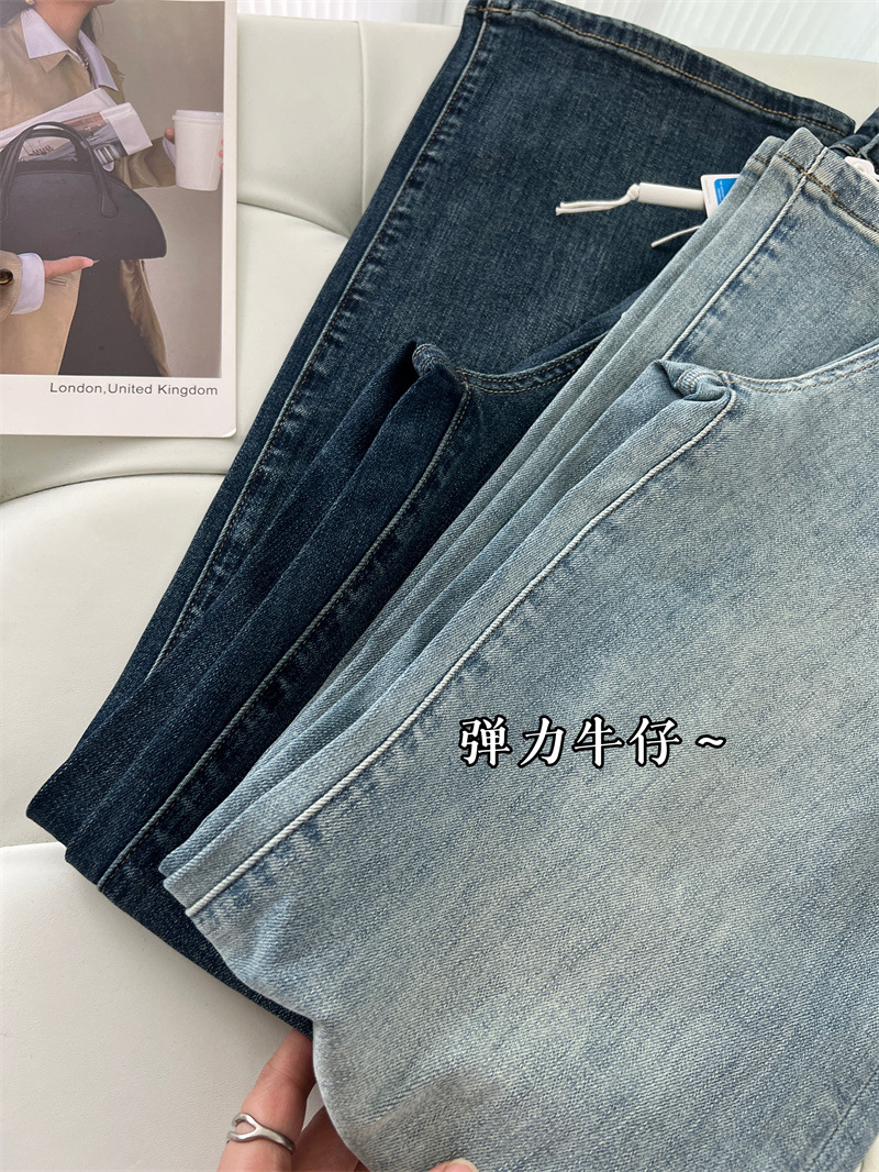 设计口袋！大Pai范直筒裤 高腰显瘦阔腿牛仔裤女春秋弹力长裤子详情9