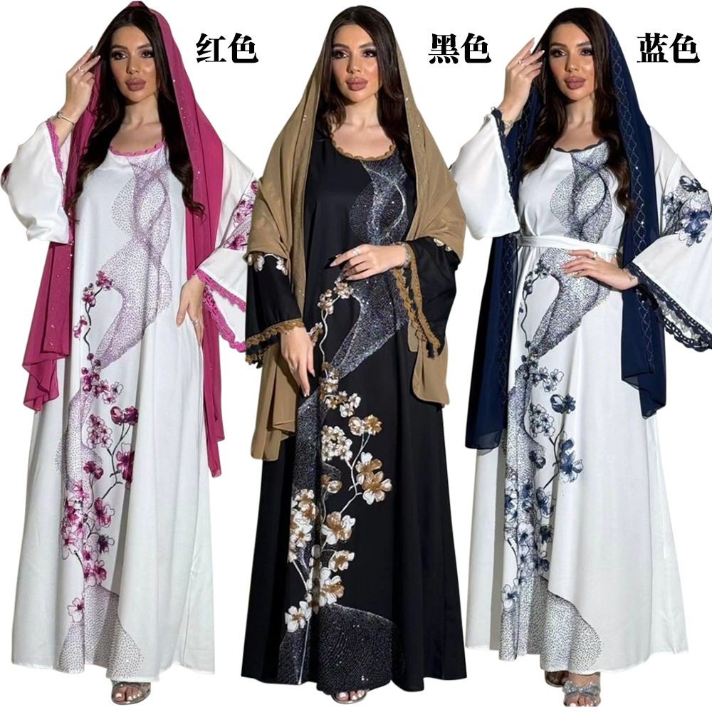 XQY500263 Cross-border Middle East Muslim Robe Dubai Arab printed Robe Dress with belt pic 3