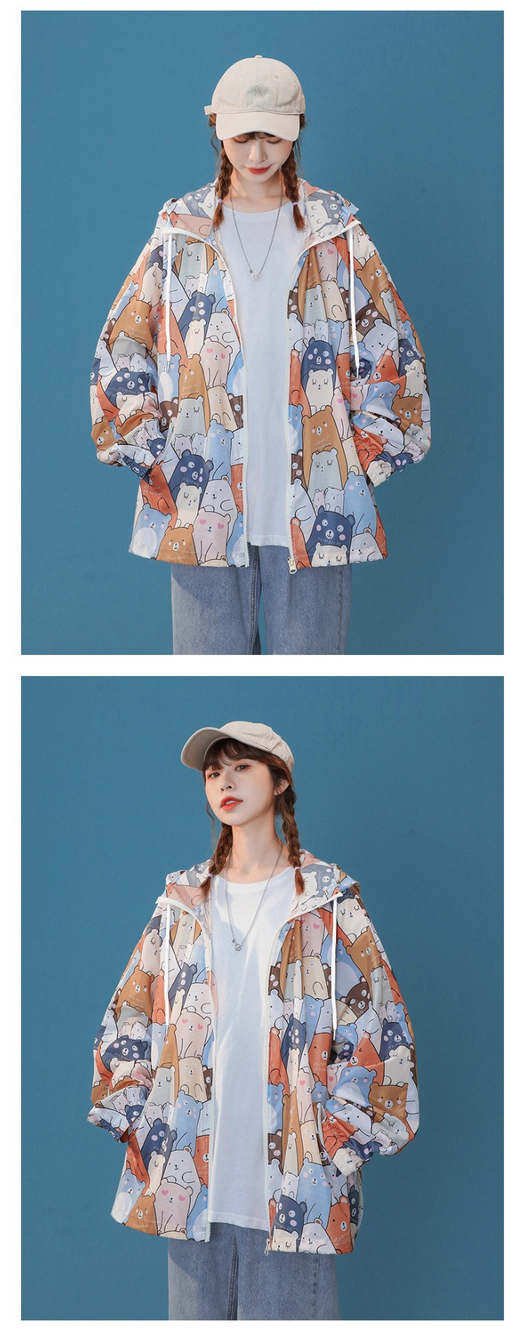 A large-sized loose hooded sun-protective cardigan with a zipper jacket for women, a new summer design with a unique and niche long-sleeved sun-protective clothing pic 7