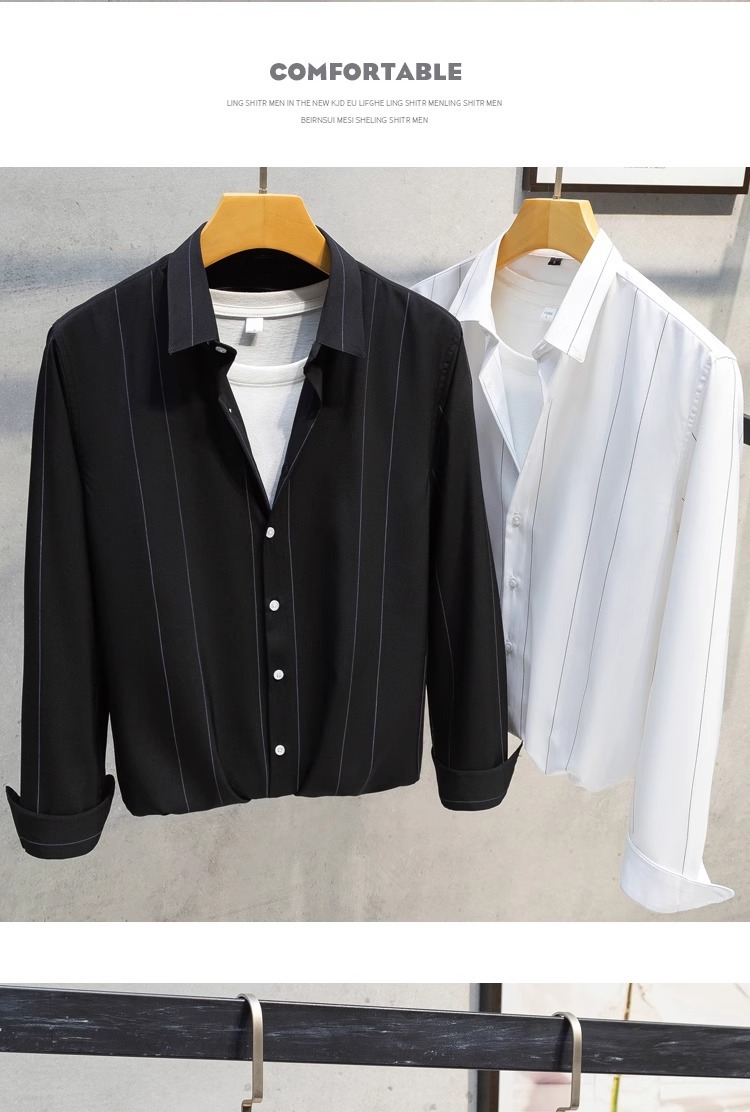 2025 hombre camisa manga larga casual coreano versión tendencia estiramiento delgado hermoso blusa blanca rayas top cool pic 7