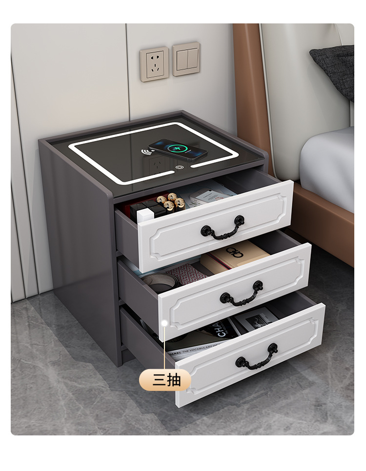Smart bedside table, modern, simple and luxurious, wireless charging, disassemblable and assembly, Nordic bedroom apartment, wooden style bedside cabinet pic 10