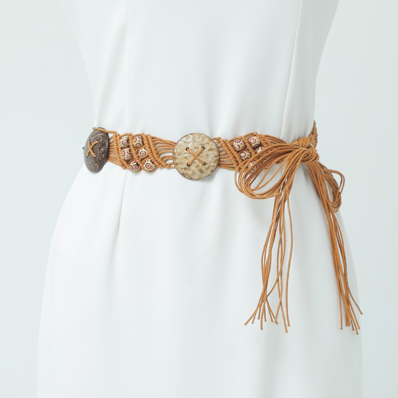 波西米亚风腰带 复古蜡绳编织女 腰带 民族风椰壳流苏腰绳腰链详情1