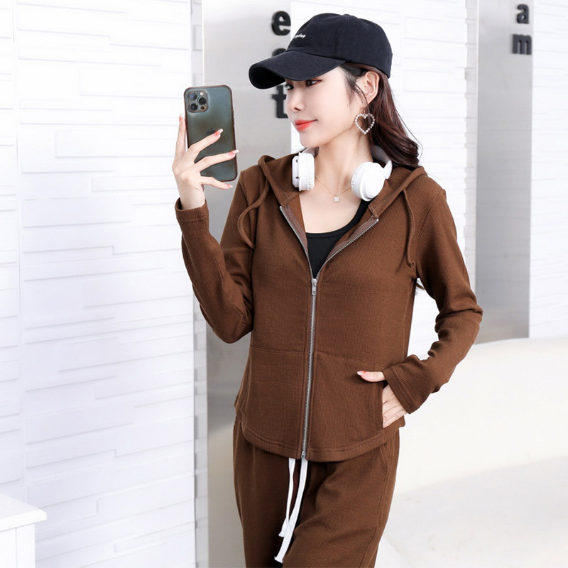 Early spring pure cotton fashionable casual set for women, loose, sporty and slimming straight-leg high-waisted wide-leg pants, zipper hooded jacket pic 46