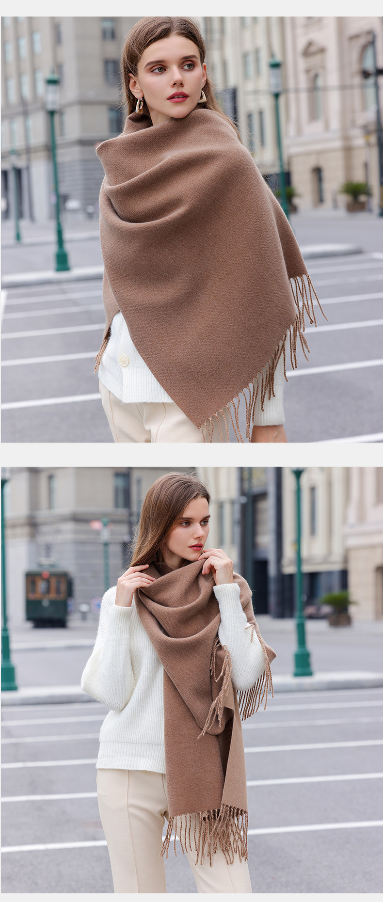 The 2023 new double-sided solid color macaron scarf for women is a bestseller in winter. It is fashionable and warm with faux cashmere tassels. Wholesale pic 16