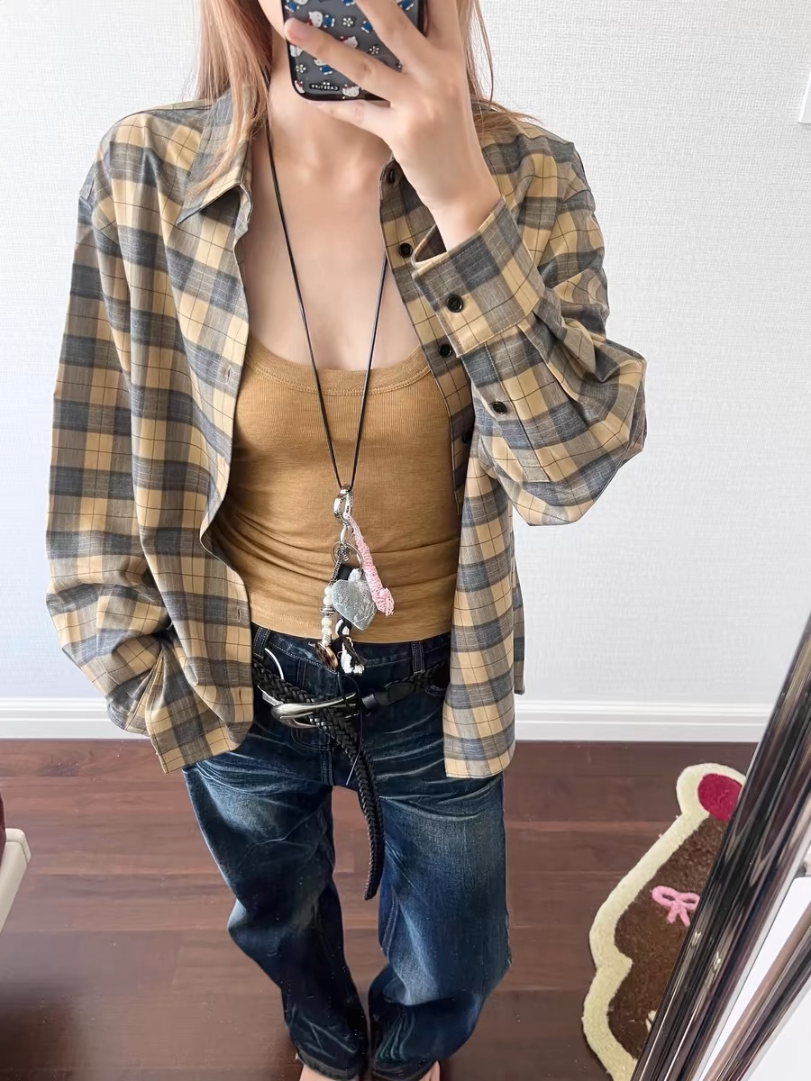 New retro plaid loose off-the-shoulder plaid long-sleeved shirt, yellow lapel plaid casual shirt for women 4415 pic 33