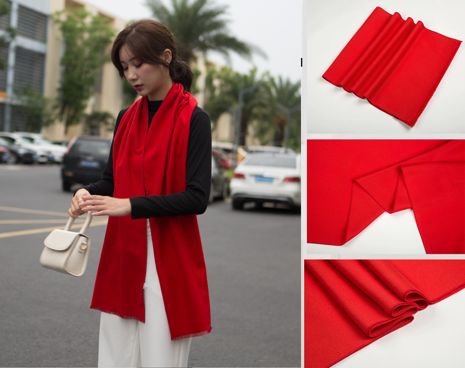 Autumn and winter silk velvet long scarf, Chinese red tassel warm scarf, company annual meeting souvenir shawl for women pic 16