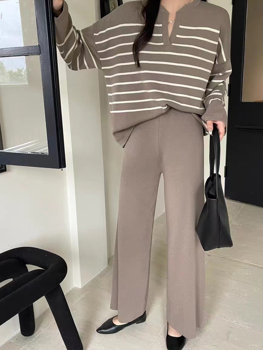 A two-piece Korean-style loose striped knitted top and casual high-waisted, sagging knitted wide-leg pants pic 26