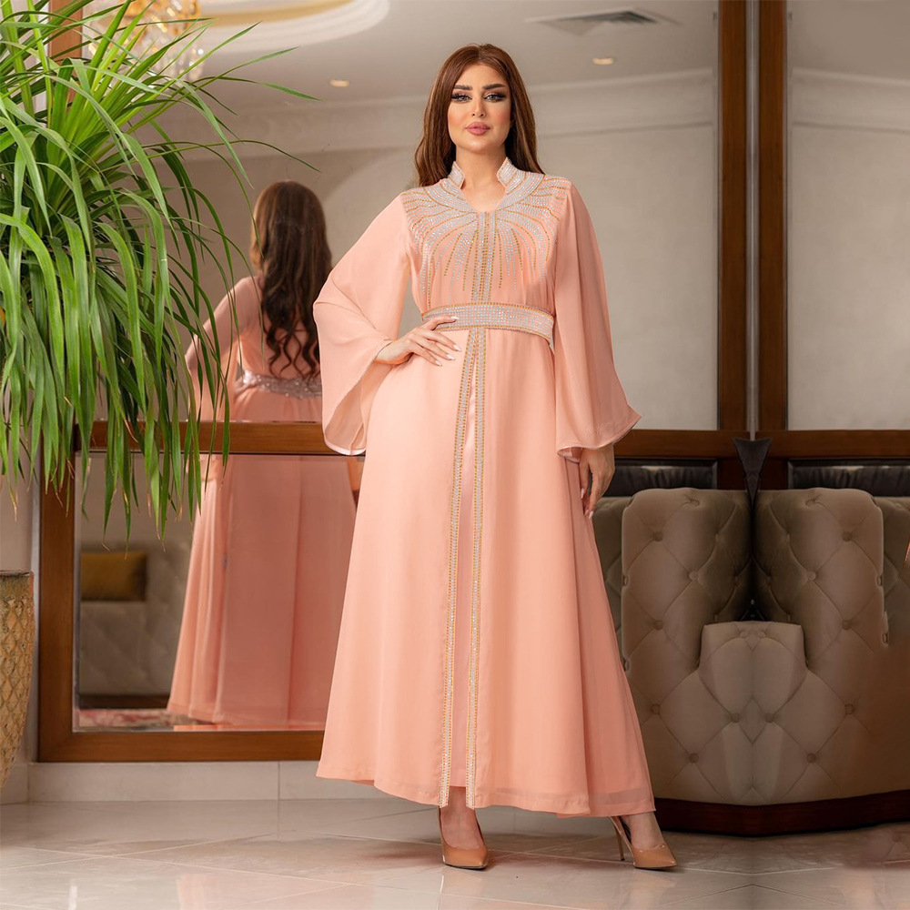 XQY500090 Foreign trade Arab robe, Middle East kaftan fashion Hot diamond belted chiffon dress pic 18