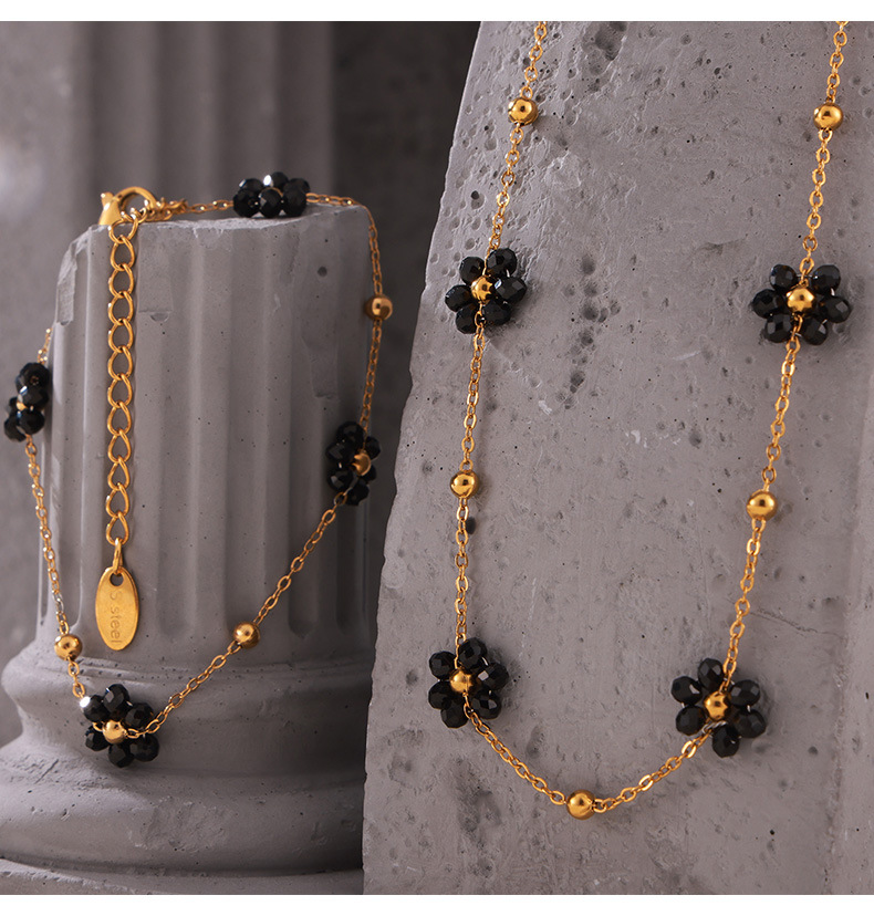 British-style retro, niche, individual, simple and versatile accessories, natural stone beaded, flower-shaped titanium steel jewelry set pic 22