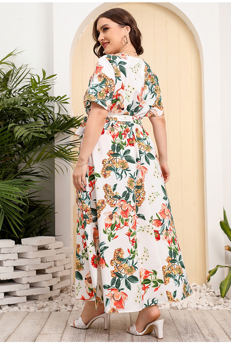 2024 Cross-border new French-style elegant plus-size dress with a V-neck, short sleeve and cinched waist, featuring a simple floral design pic 19