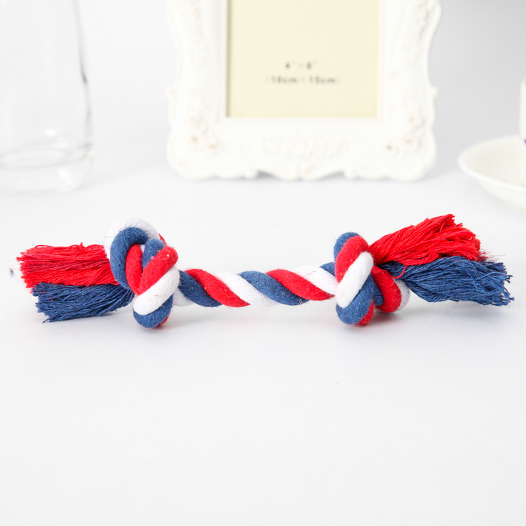 Игрушки из хлопка, вязанные из бивня из хлопка, с двумя зубцами, устойчивыми к кошерным зубцам, 85g собаки кусают узлы из хлопка, которые сплетают и грызут игрушки оптом pic 2