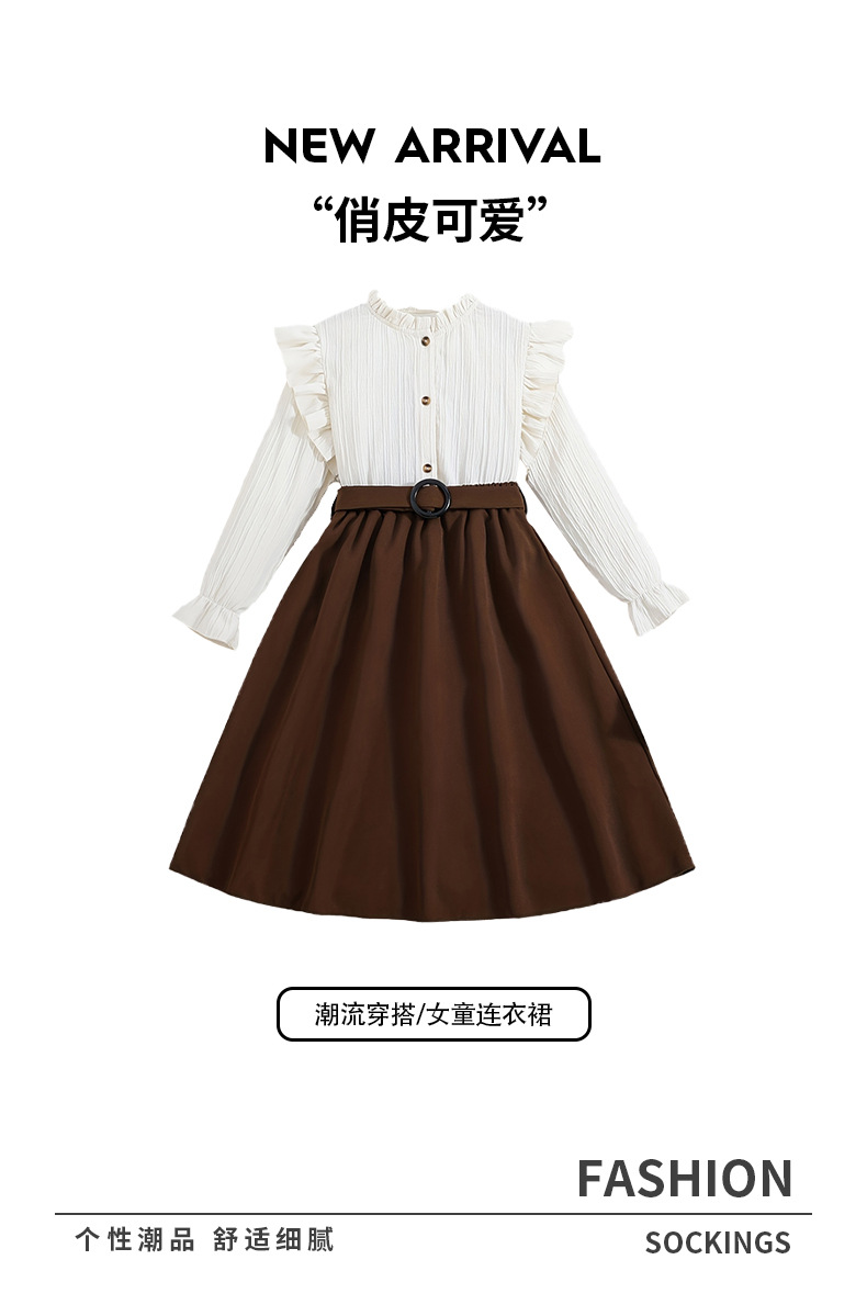外贸秋季女童连衣裙棕色百褶裙拼接花边袖口飞袖可爱儿童长袖裙子详情1