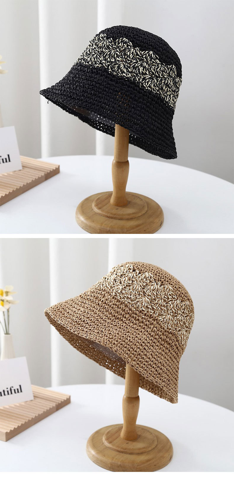 夏季新款女士帽子日系手工编织渔夫帽镂空遮阳帽韩版小沿水桶草帽详情8