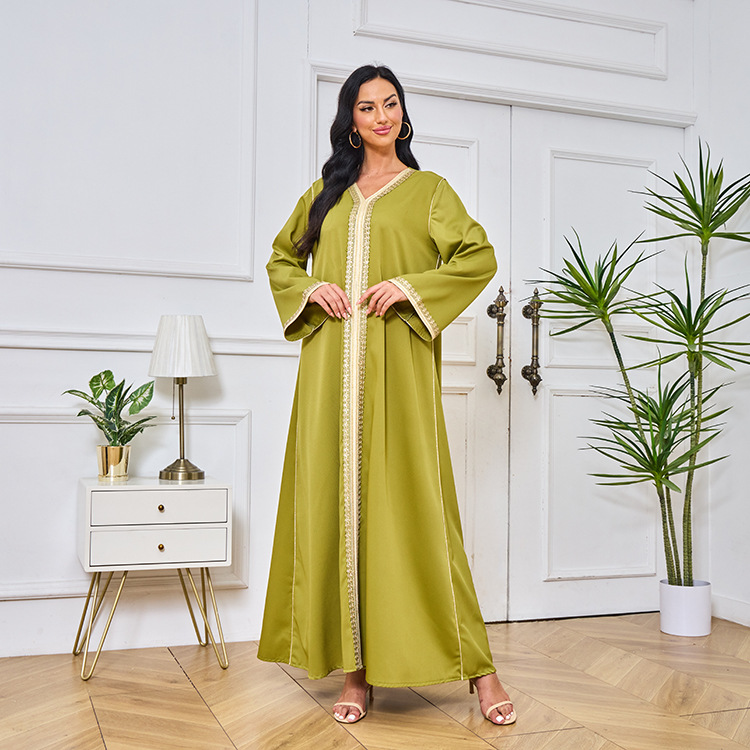 MT098中东外贸迪拜穆斯林长袍女装 刺绣金色珠片花边连衣裙 abaya详情21