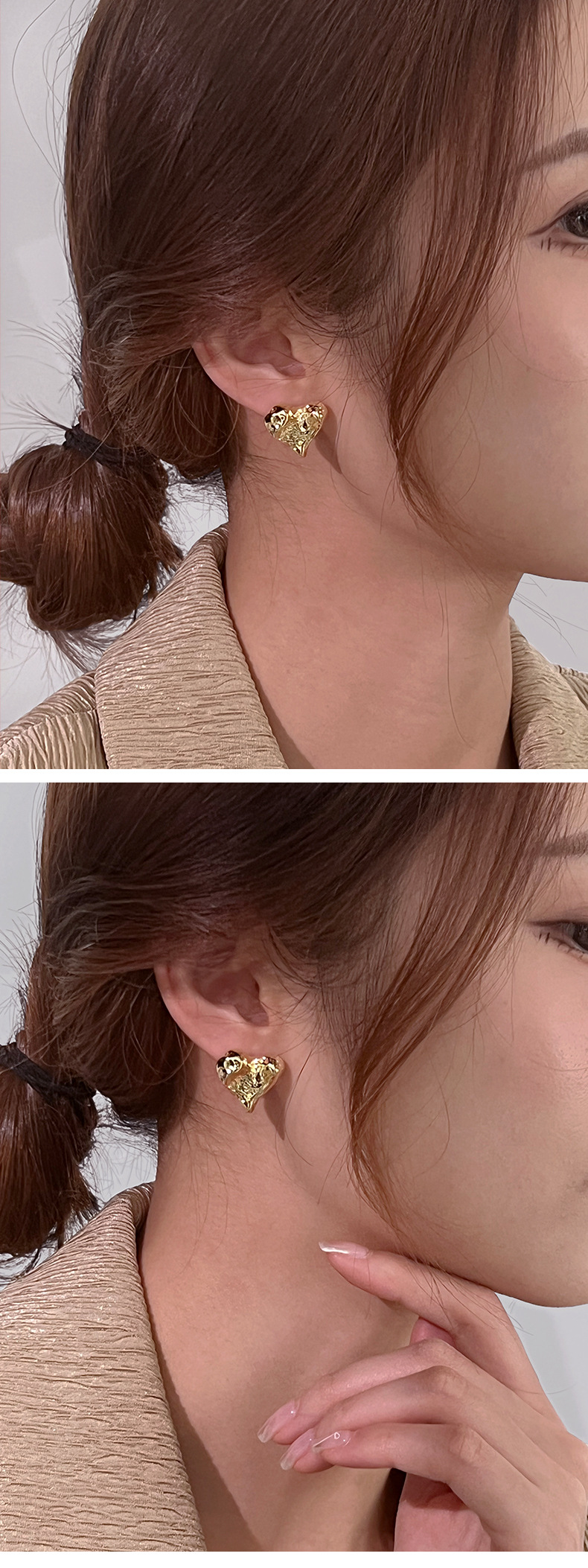 Ins-style personalized metal texture heart-shaped alloy stud earrings, simple and niche design, heart-shaped fashionable earrings and earrings pic 6