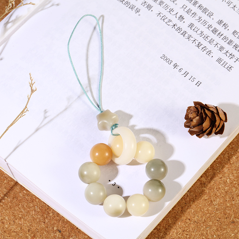 White jade Bodhi root multi-treasure prayer beads mobile phone chain, retro olive ring pendant, anti-loss creative car bag pendant pic 9