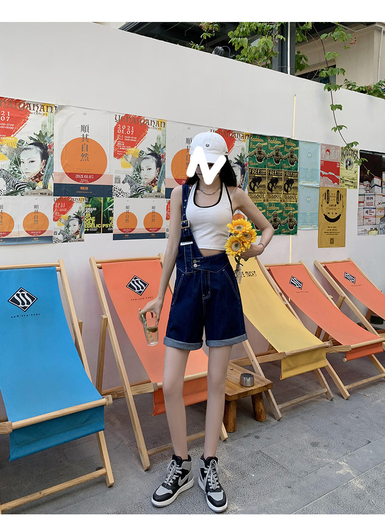 Summer retro salt single-shoulder overalls for women 2021 new style fashionable and youthful thin denim shorts, Korean style loose pic 15