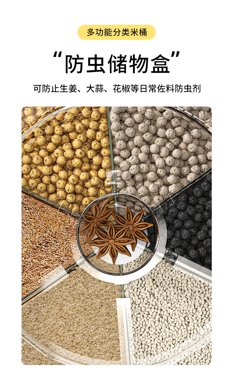Dust-proof and moisture-proof sealed compartment-divided rice bucket, rotating storage box for rice and grains, household rice storage box, rice jar pic 11