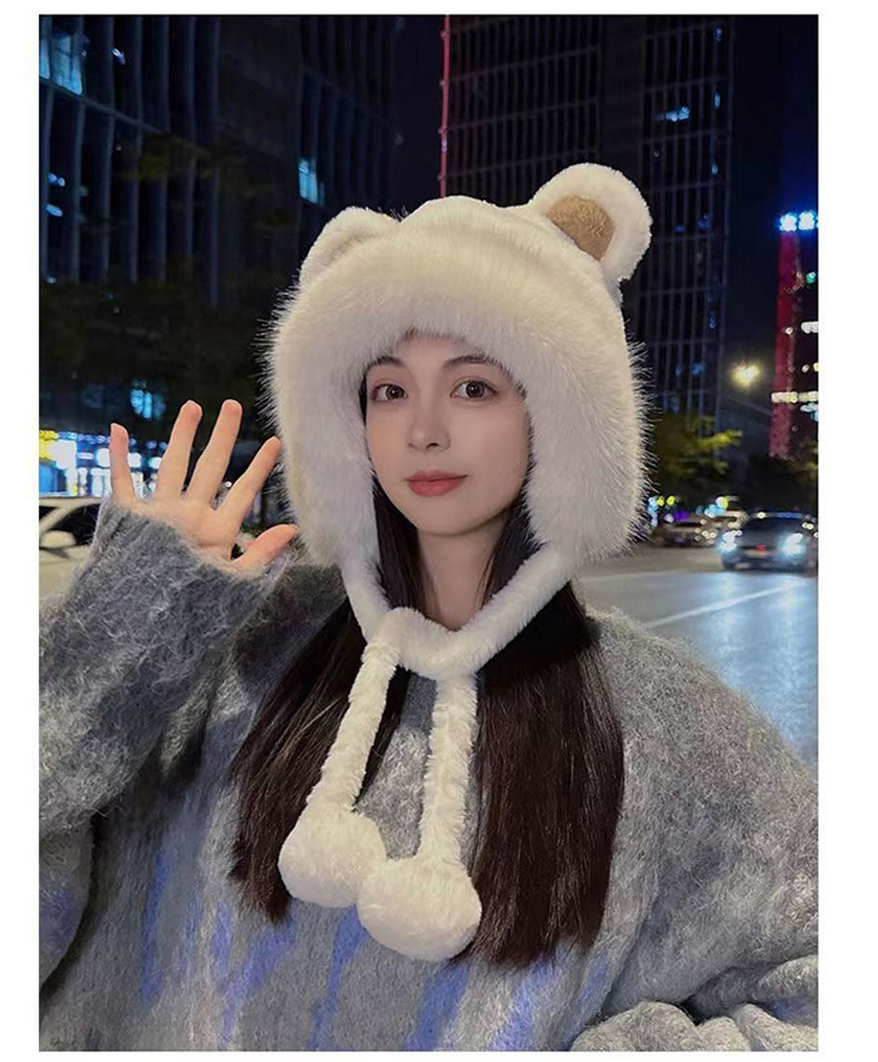 冬天可爱小熊毛绒针织帽加绒护耳帽子女保暖防寒毛绒帽带毛球新款详情12