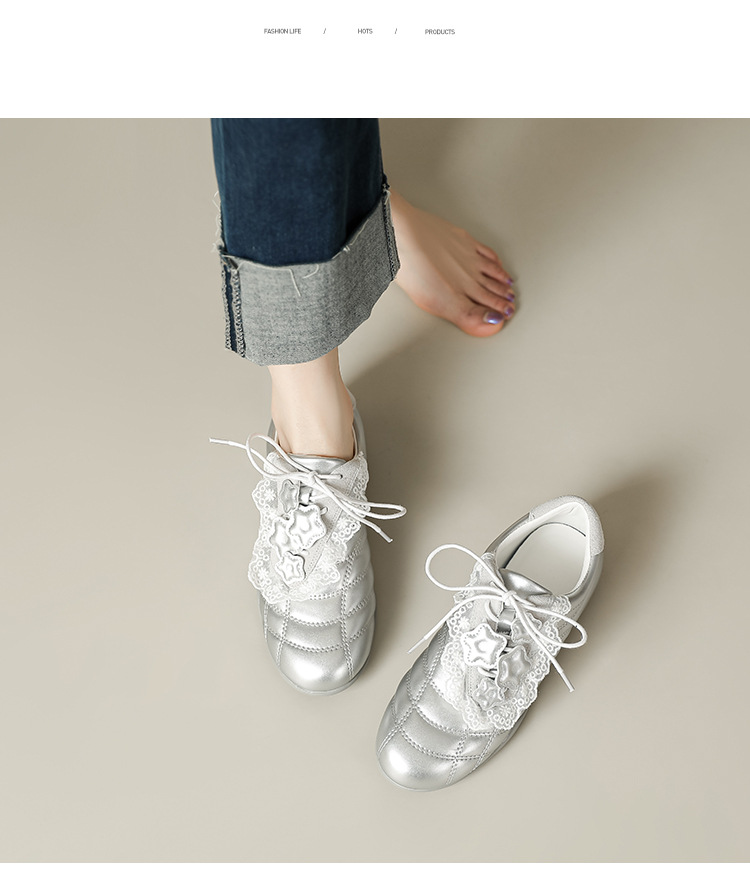 牛皮版2025春季新款银色斜带蕾丝边设计德训鞋舒适运动芭蕾舞女鞋详情17