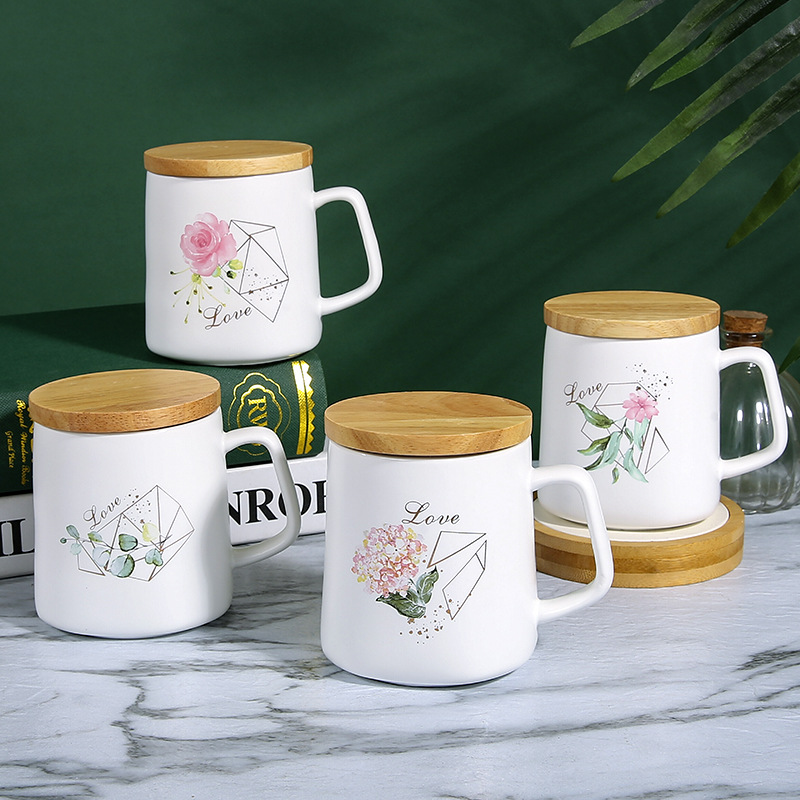 北欧陶瓷杯素雅花卉马克杯带竹盖小清新水杯带密封木盖杯子详情5