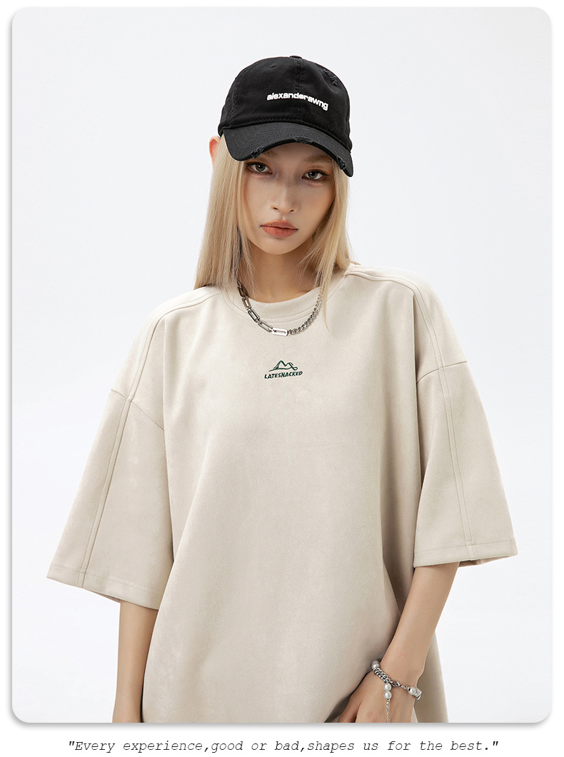 韩路男装 麂皮绒美式圆领T恤男女款夏季宽松质感刺绣潮牌短袖体恤详情13