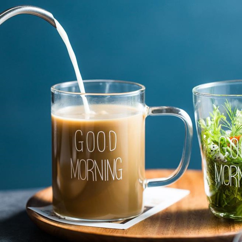 Blanco y negro letras buena mañana taza de desayuno vaso de vidrio monocapa de alto borosilicato con un puñetazo taza de jugo de leche pic 8