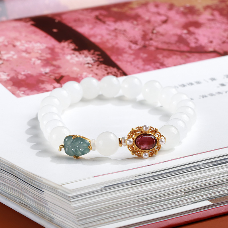 Natural Hetian jade white jade round bead bracelet for women, blue water jade leaf bracelet, a niche design for your girlfriend pic 3