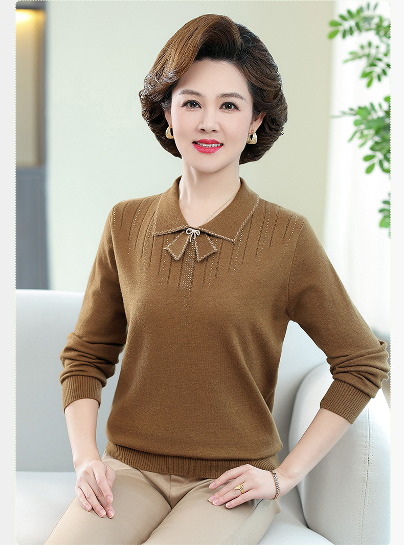New autumn collection for middle-aged and elderly mothers: Solid color loose knitted pullover sweater with a baby collar for women. 2023 casual mom wear pic 32