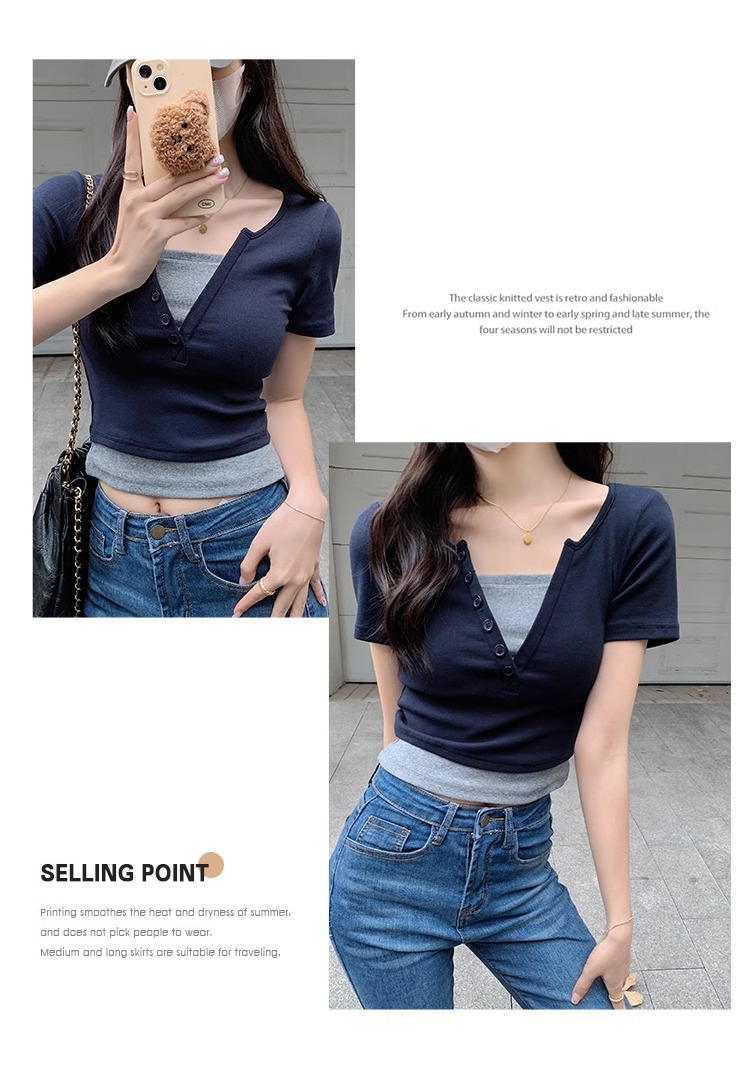 Pink V-neck off-the-shoulder T-shirt for women, short sleeve, new spring and summer style, two-piece design, slim and short, pure and sensual pic 33