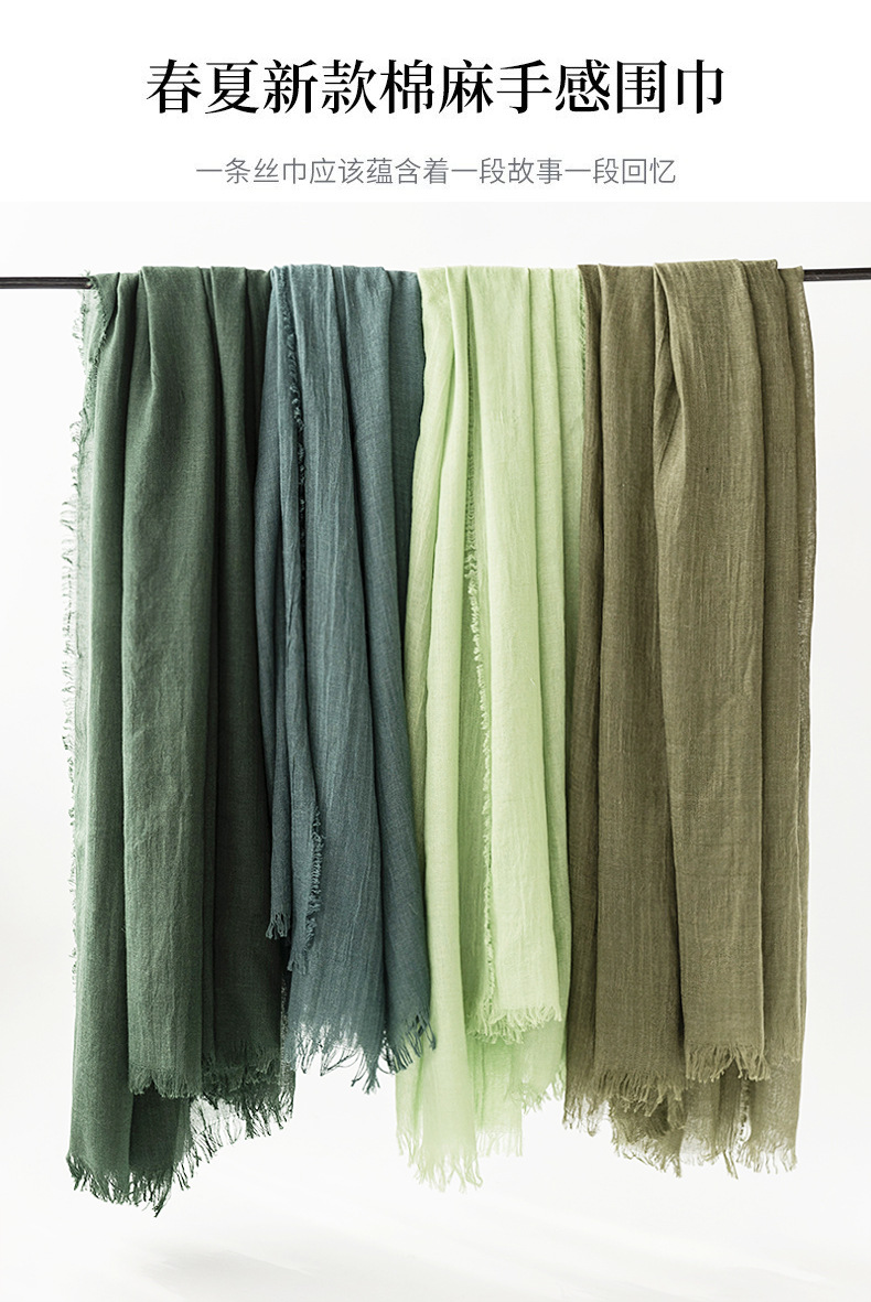 Cross-border cotton and linen scarf with a high-end feel, solid color for spring and summer, Japanese and Korean atmosphere, sun-protective shawl, simple long silk scarf pic 14