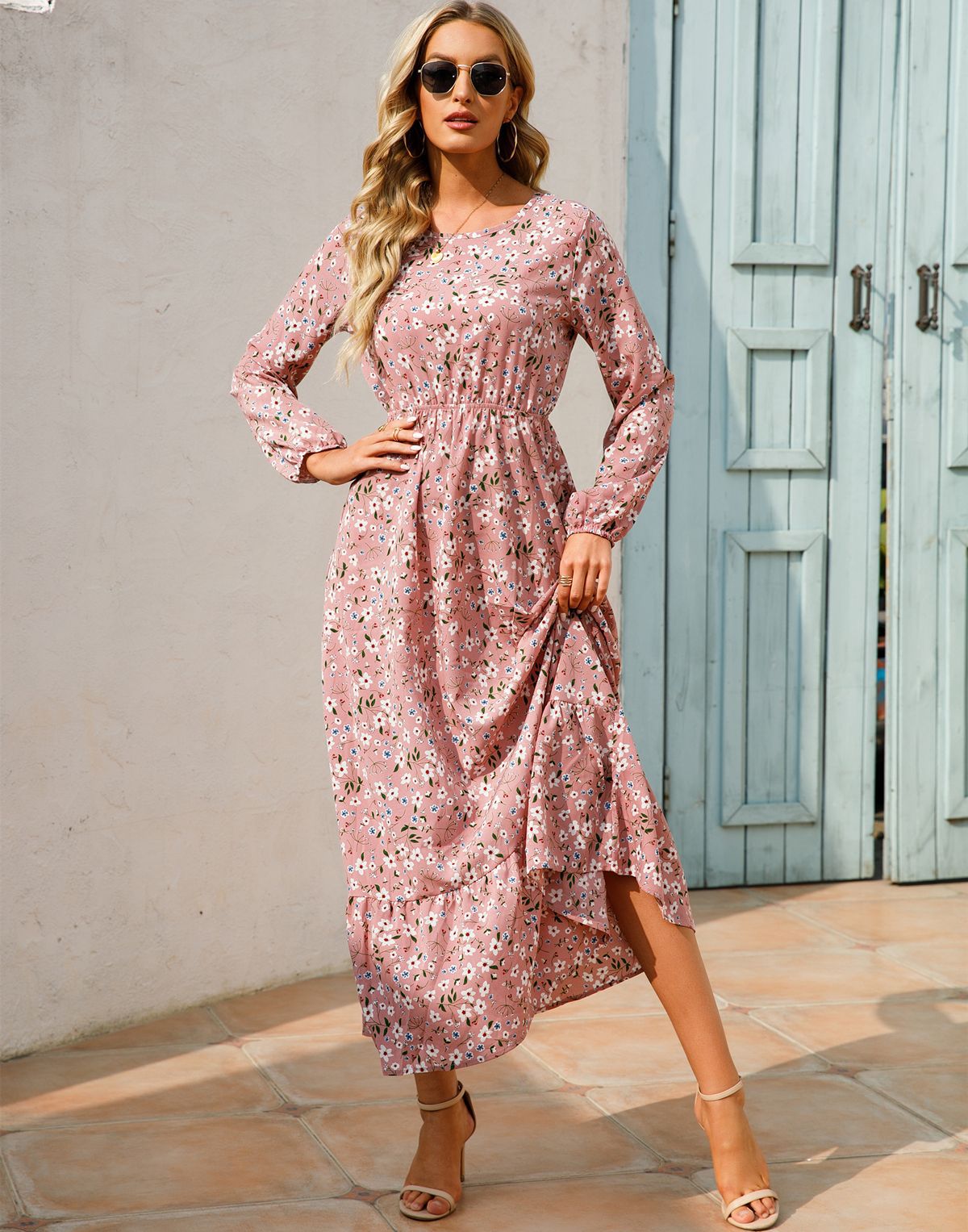 European and American floral long, round-neck, long-sleeved, waist-cinching and slimming dress pic 3