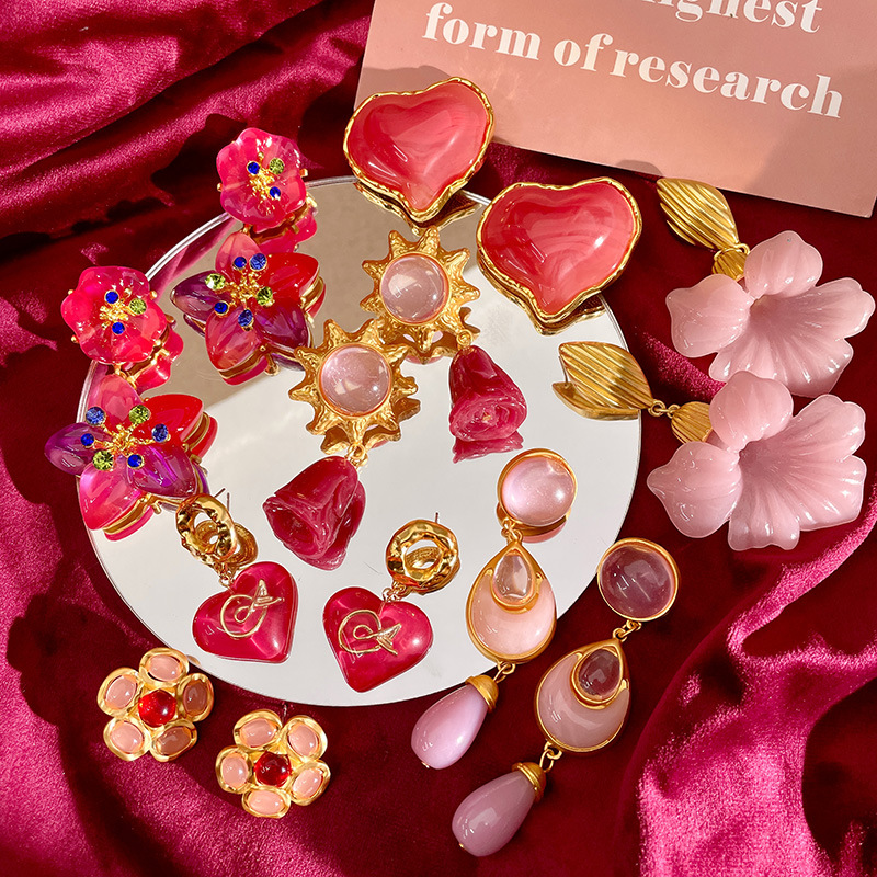 法式复古少女耳钉气质中古vintage粉色小众设计感耳环女复古耳饰详情5