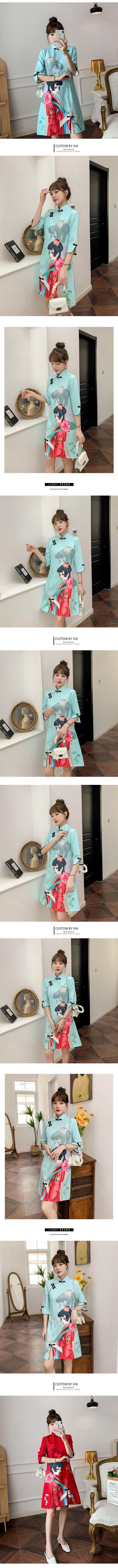 国潮国朝气质可爱女孩印花修身连衣裙2023春季新款改良年轻款旗袍详情2