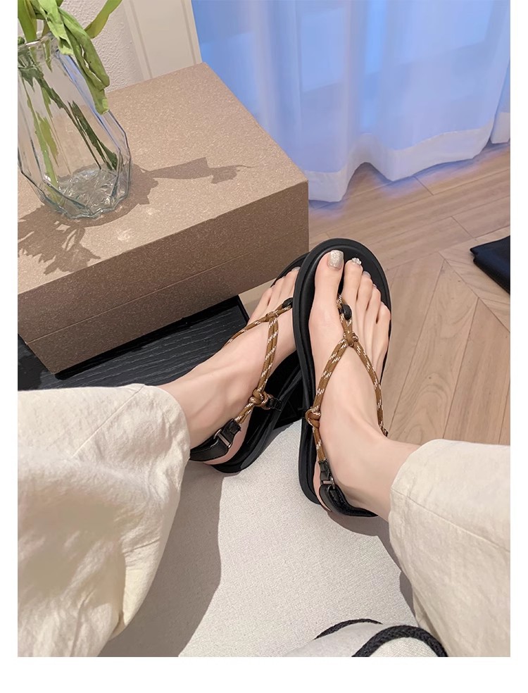 葡萄妈闪闪水钻~罗马风平底绳结百搭夹趾外穿人字拖凉鞋女夏季款详情44
