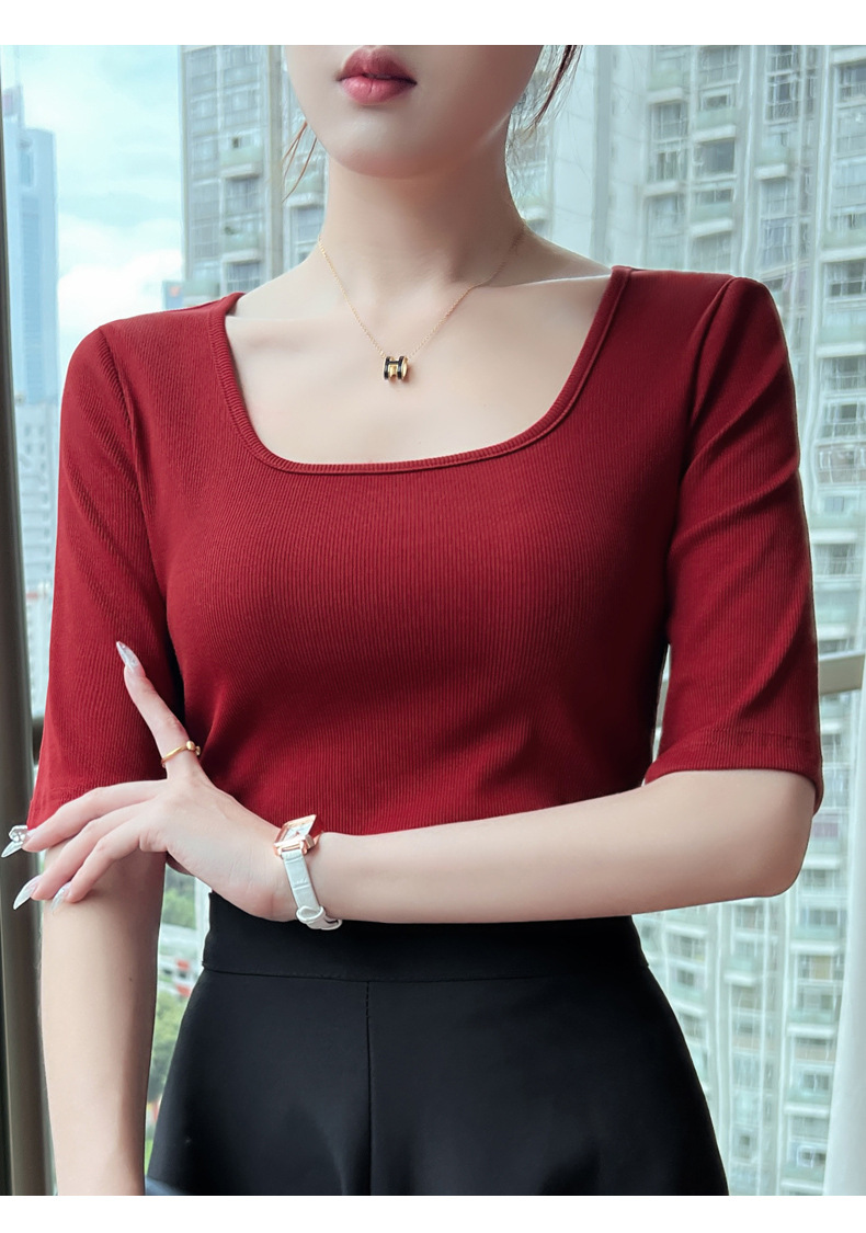 This 2023 autumn new slimming and elegant base layer T-shirt is versatile for daily use, fitted, simple and stylish, with a square neck and mid-sleeved shirt for women pic 21