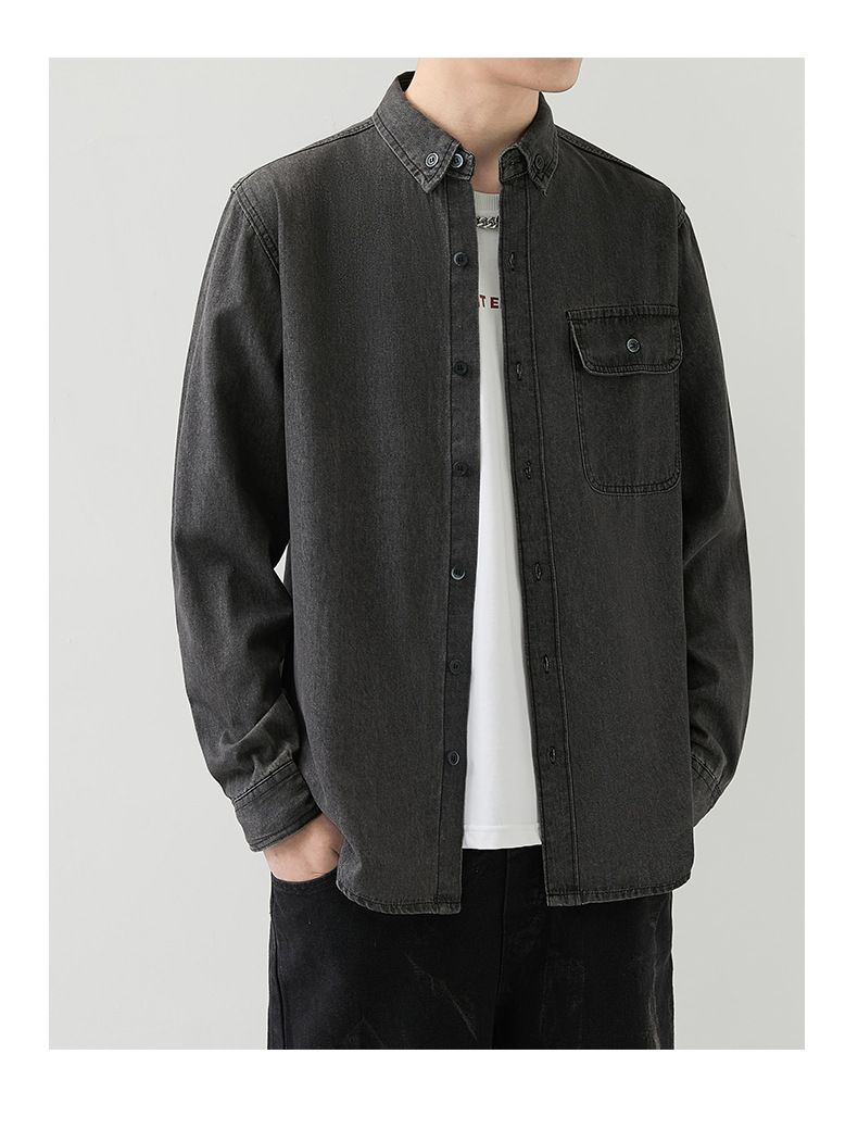 男装薄款牛仔长袖衬衫男2023春秋韩版潮流休闲纯色工装衬衣外套男详情14