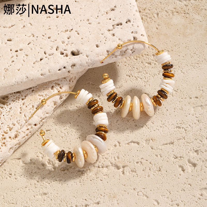 娜莎首饰套装美拉德风巴洛克珍珠贝壳虎眼石串珠项链耳环饰品套装详情18