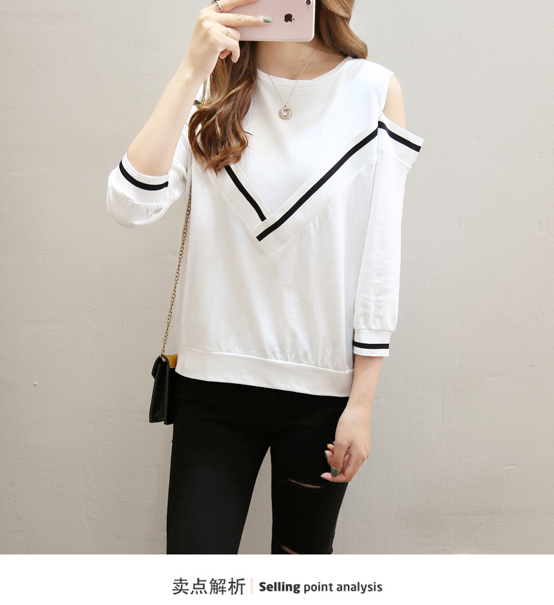 Spring and Autumn new versatile T-shirt for women, 7-inch sleeved off-the-shoulder long-sleeved sexy half-sleeved top pic 1