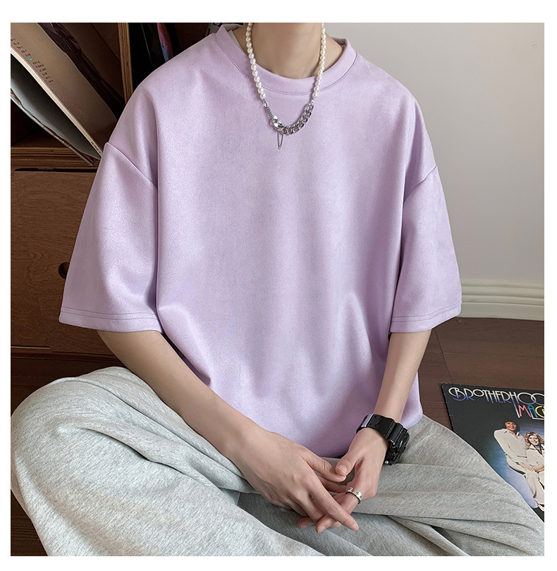 麂皮纯色短袖T恤男2023夏季质感半袖宽松t恤圆领半袖衣服青少年详情14