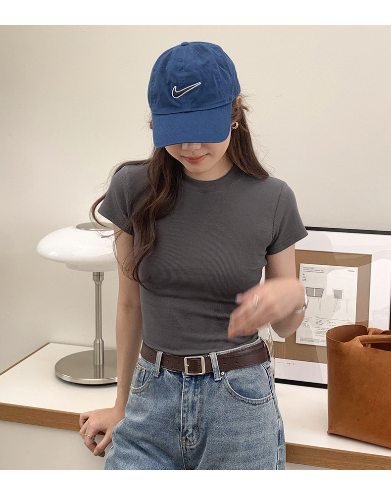 European and American style ribbed off-the-shoulder T-shirt for women, new summer style, slimming and figure-hugging, round-neck, layering short base layer pic 29