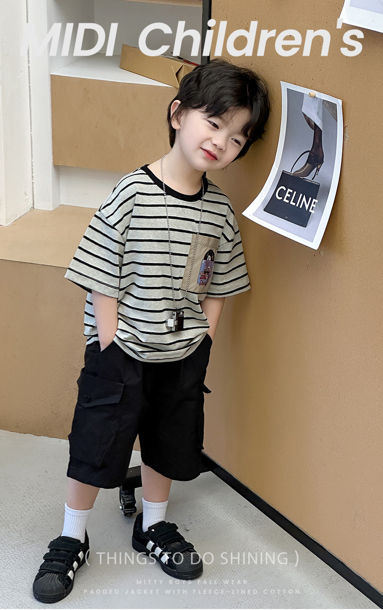 儿童短袖2025夏季新款童装男童韩版条纹卡通刺绣T恤宝宝百搭上衣详情1