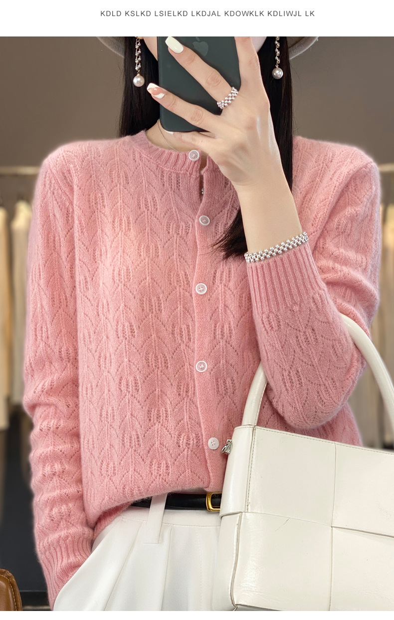 The 2023 autumn new collection features a highly anticipated hollowed-out wool cardigan jacket for women, a long-sleeved base sweater, and a thin outerwear pic 17