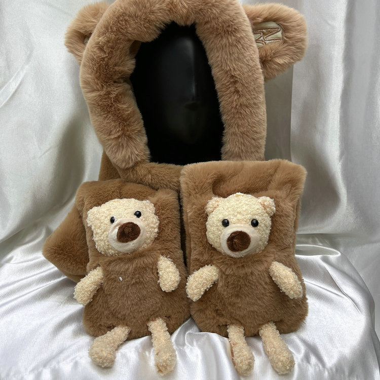 A three-piece warm set featuring a solid color, versatile, cute little bear M ears, hooded gloves and a scarf for women in autumn and winter pic 3