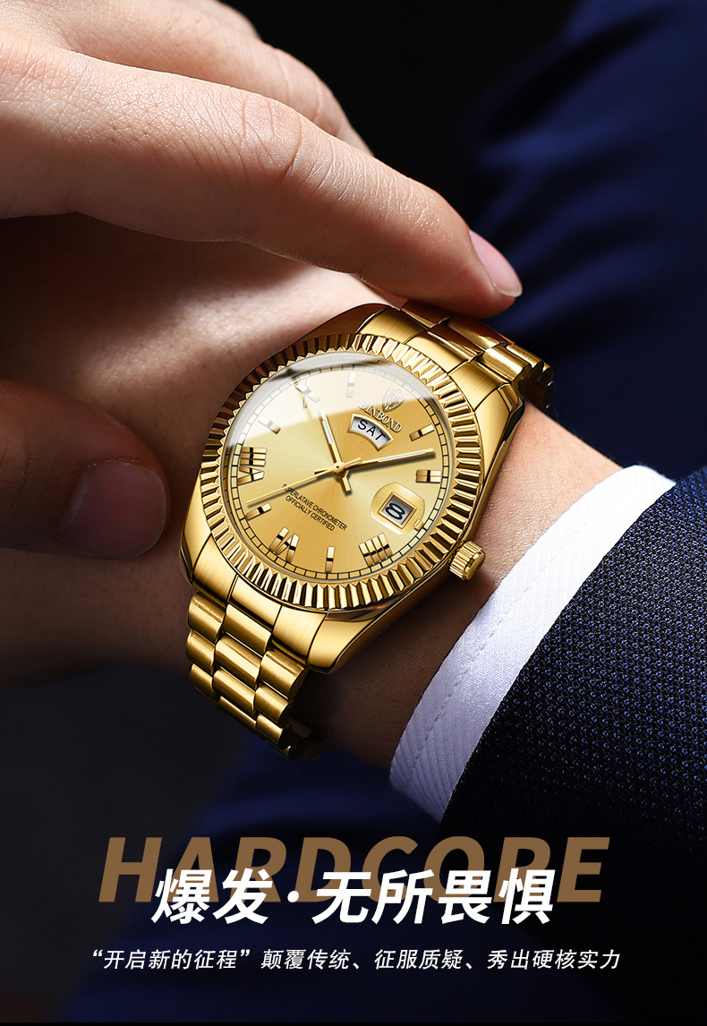 宾邦手表男士非机械表防水日志型时尚男表蓝色跨境情侣商务腕表详情2