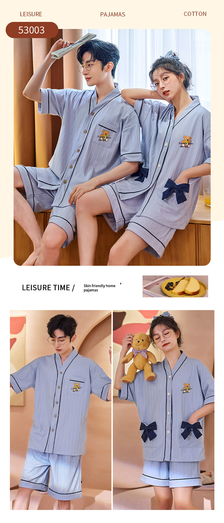 Chun baifen cute pareja pijama mujer de verano manga corta pantalones cortos cardigan hombre trajes casuales ropa casera usable exterior pic 25
