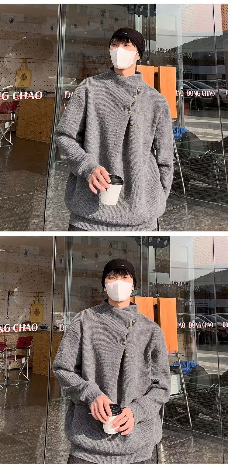 A high-neck sweater with an irregular button design, a stylish and laid-back oversized knitted top from a Korean streetwear brand pic 13