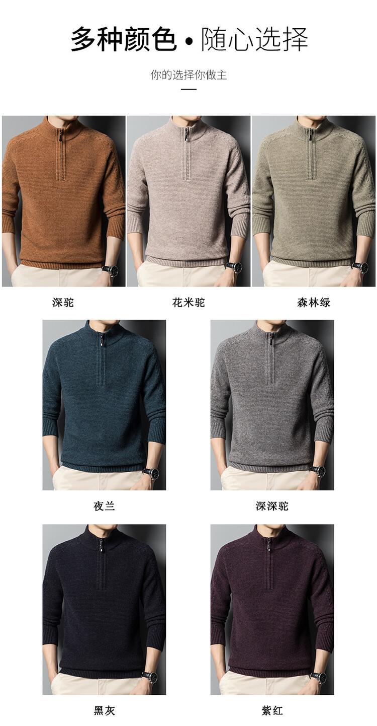 New autumn and winter 100% pure wool sweater for men, thickened semi-high neck zipper wool pullover business knitted sweater pic 8