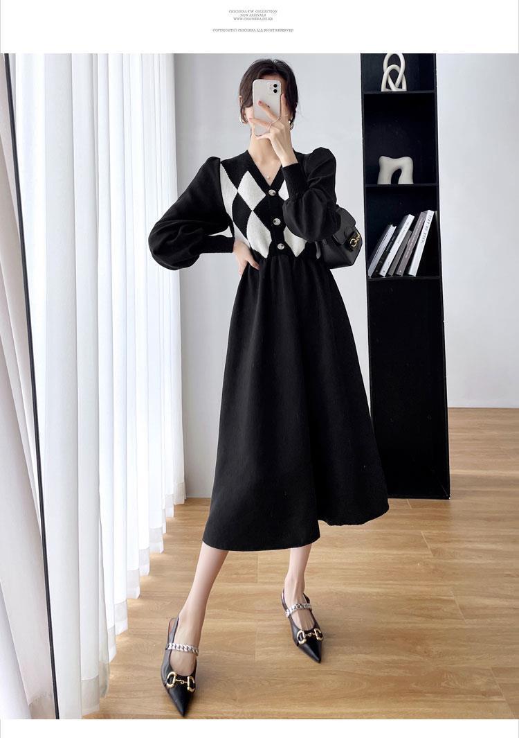2022秋冬新款法式赫本风别致菱格v领针织拼接中长款收腰a字连衣裙详情14