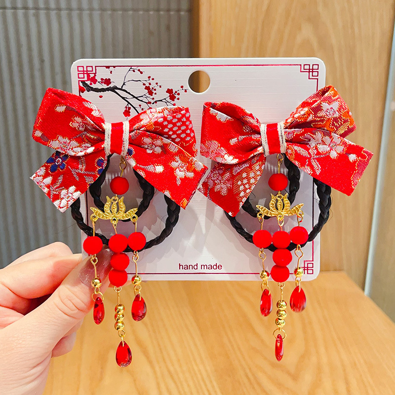 新年款红色古风流苏发夹儿童汉服发卡头饰女童复古蝴蝶结发夹发饰详情50